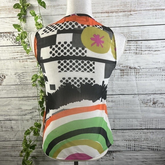 Desigual Blouse Tank Extra Small Orange Green Black Sheer Beads Cocktail Party - Picture 9 of 10